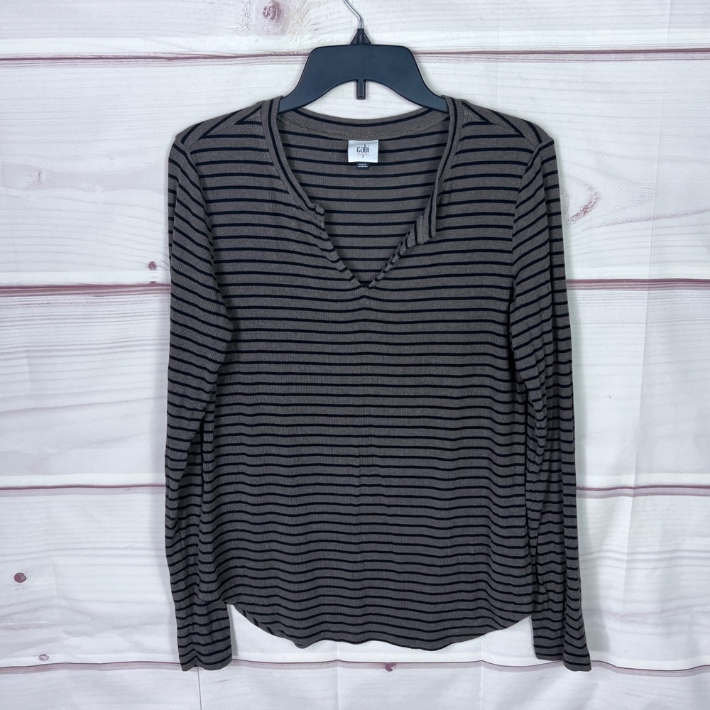 CAbi Top Womens S Brown Striped Shirt Ribbed Knit Long Sleeve Split Neck Knit